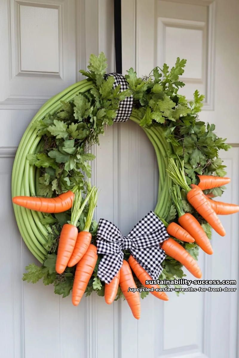 garden hose wreath tied with gingham bows and upcycled faux carrots 1
