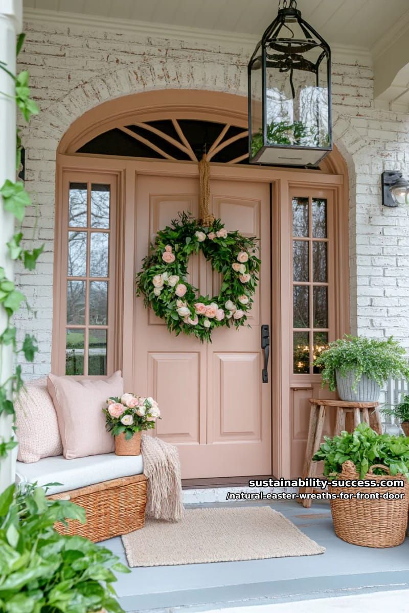 grapevine wreath with eucalyptus sprigs and soft peach ranunculus flowers 1