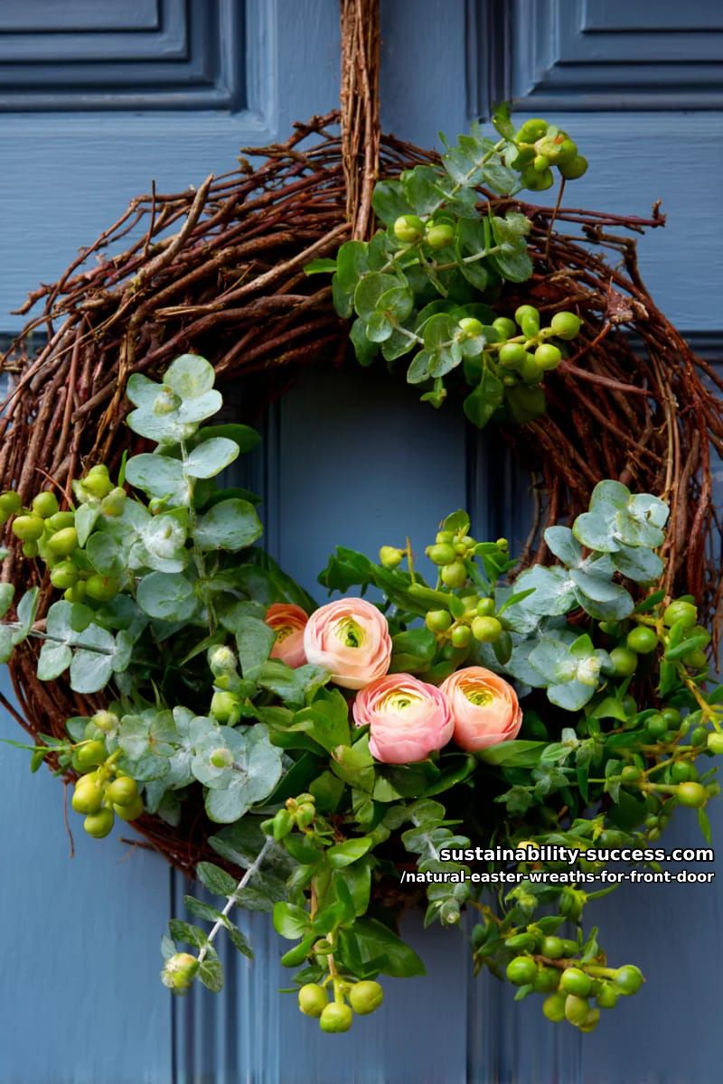 grapevine wreath with eucalyptus sprigs and soft peach ranunculus flowers 1