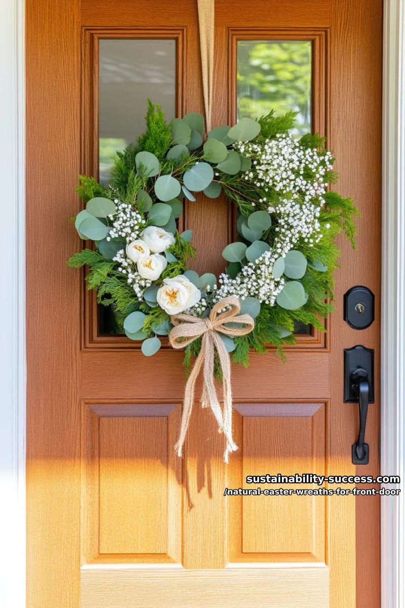 grapevine wreath with eucalyptus sprigs and soft peach ranunculus flowers 1
