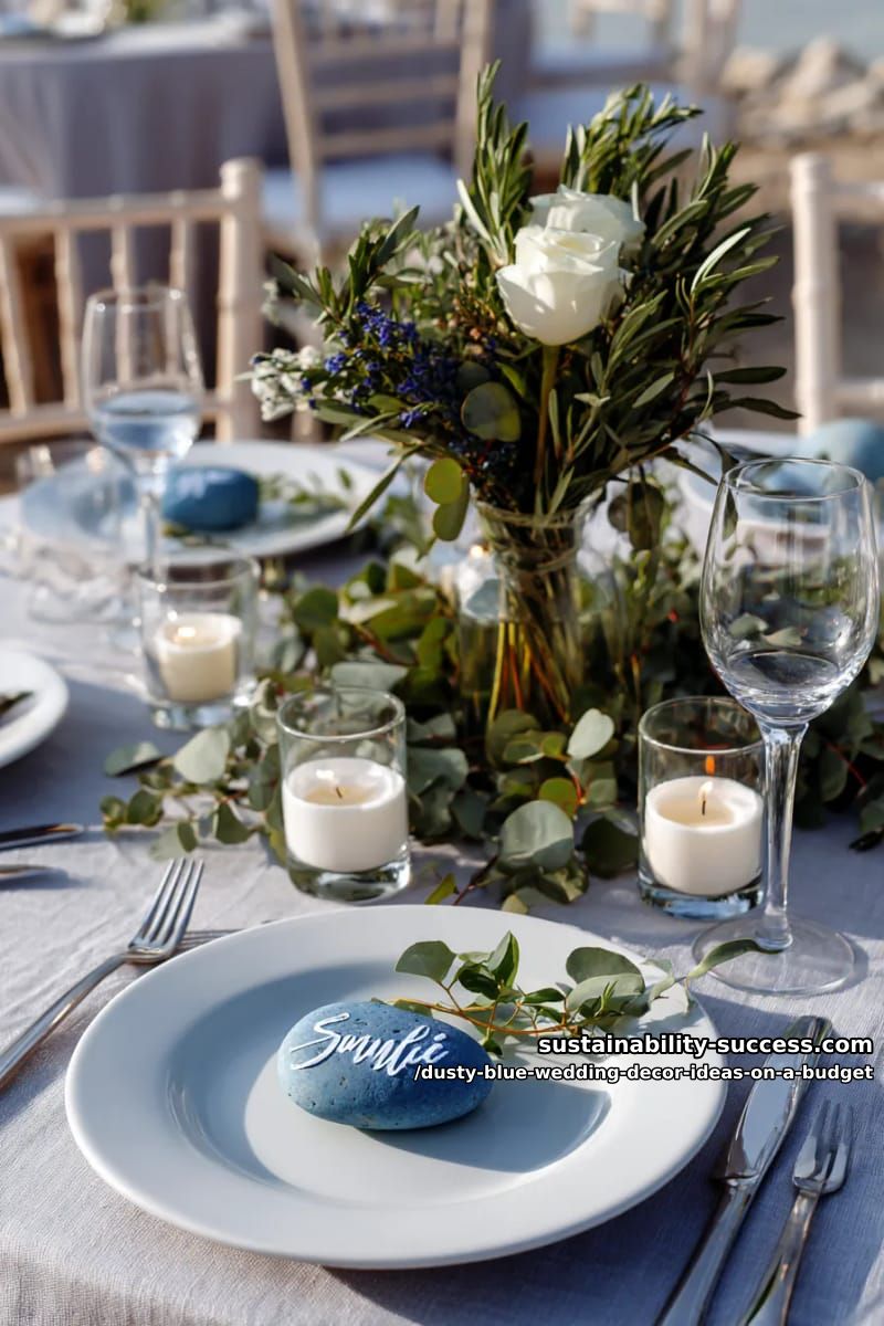 hand-painted blue pebble escort cards at each setting 1