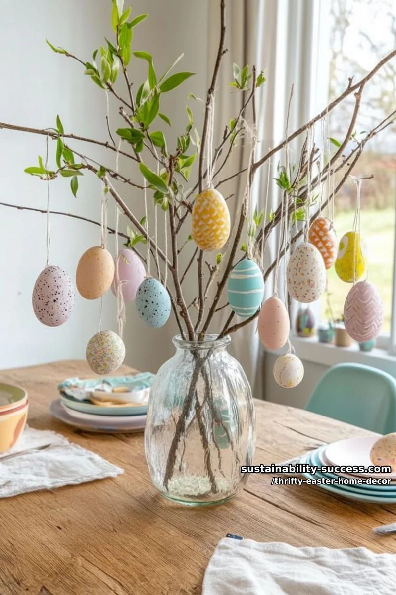 hang painted egg ornaments from bare tree branches in a glass thrifted vase 1