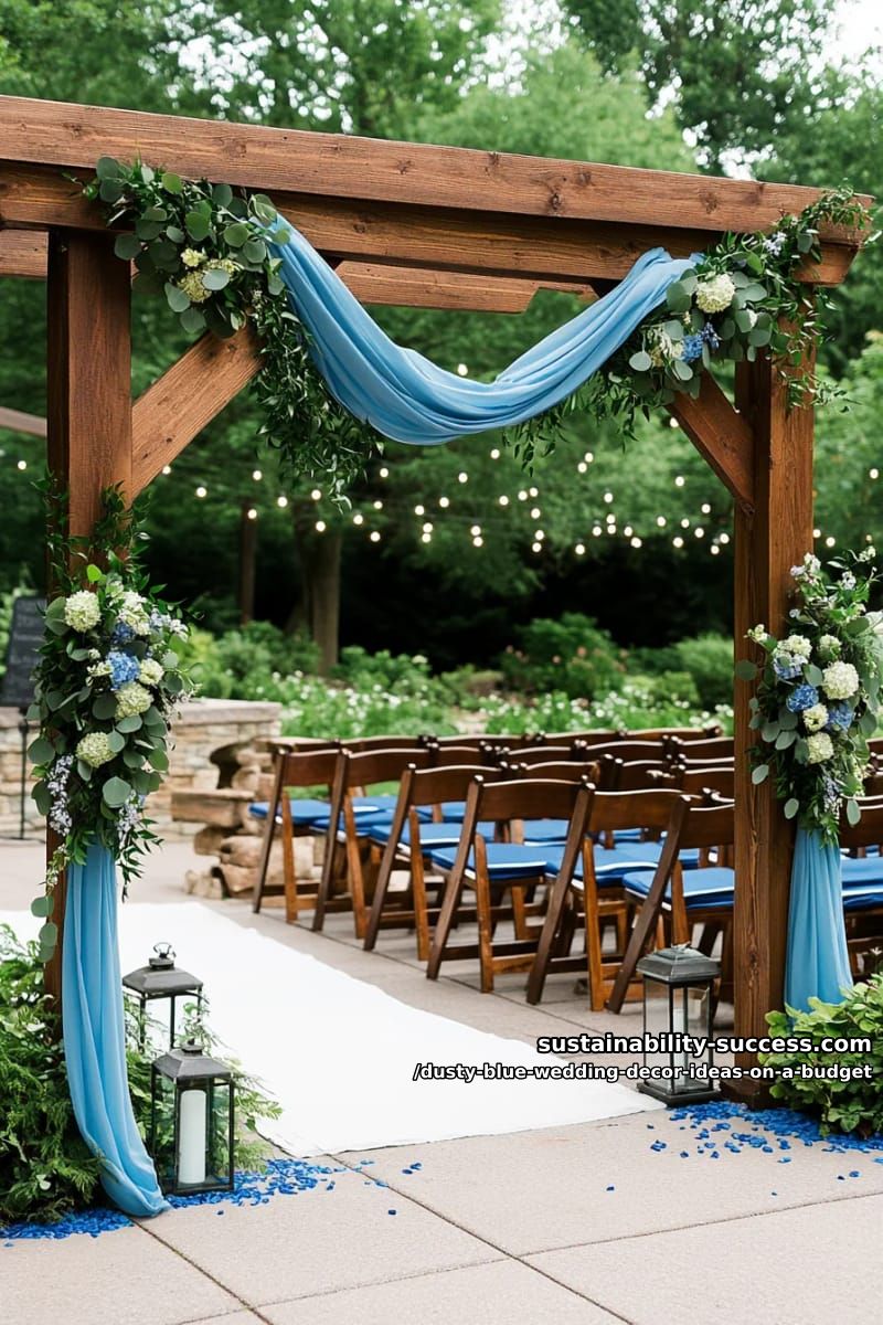 hanging eucalyptus and blue silk ribbon garlands for outdoor arches 1