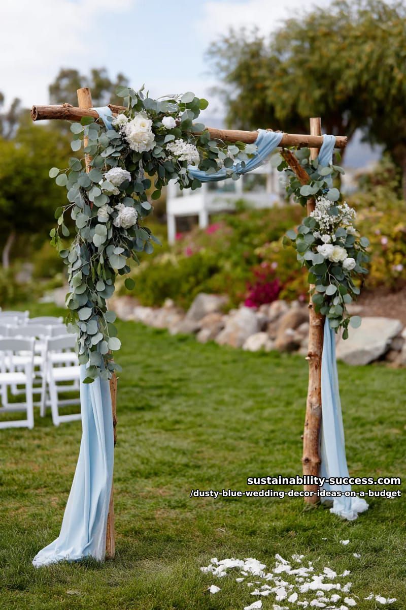 hanging eucalyptus and blue silk ribbon garlands for outdoor arches 1