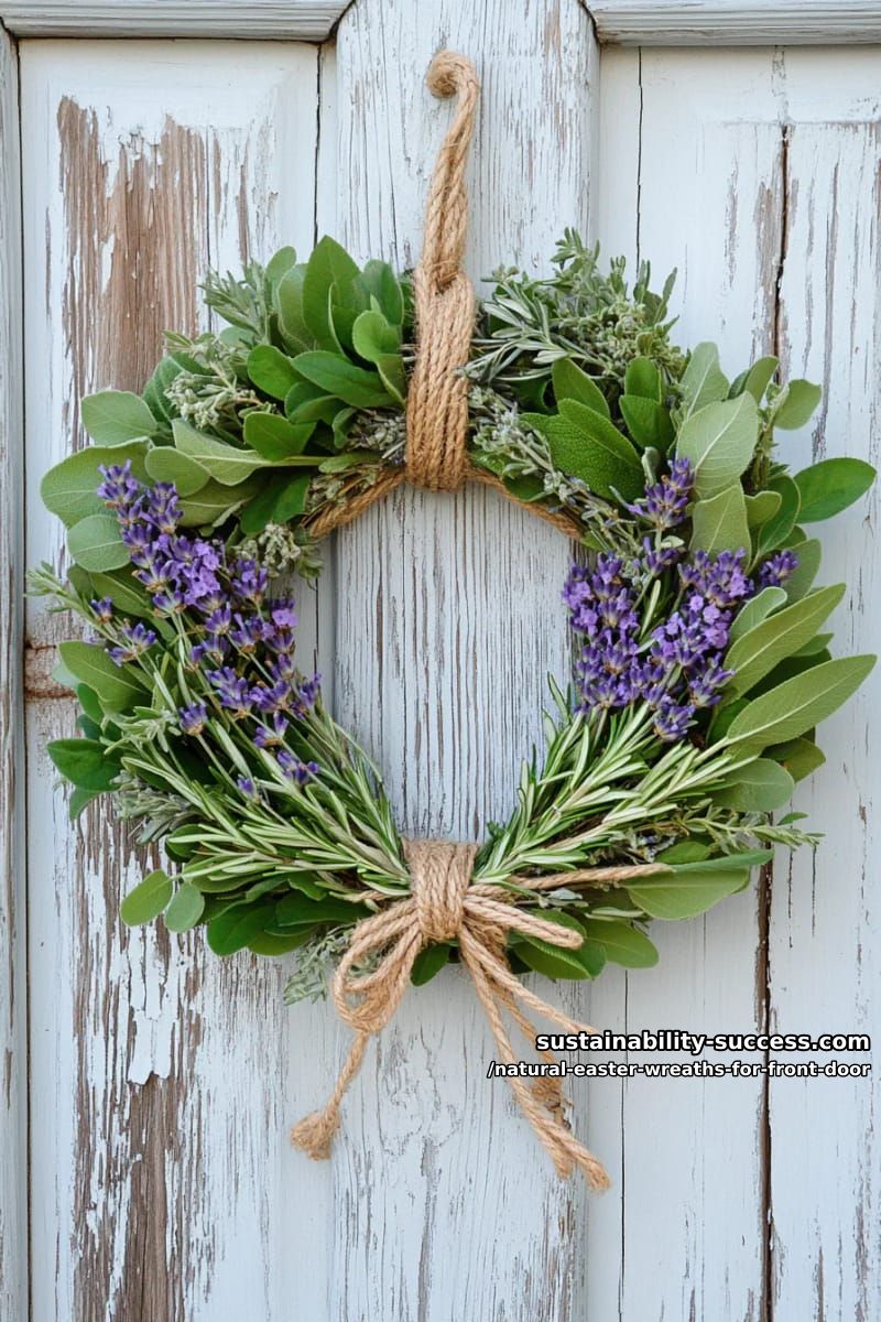 herb wreath of rosemary, lavender, and sage tied with rustic twine bow 1