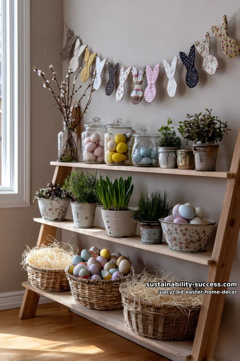 ladder shelf display with upcycled fabric bunny garlands 1