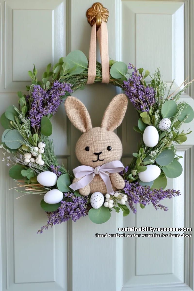 lavender and eucalyptus wreath with a burlap bunny door hanger 1