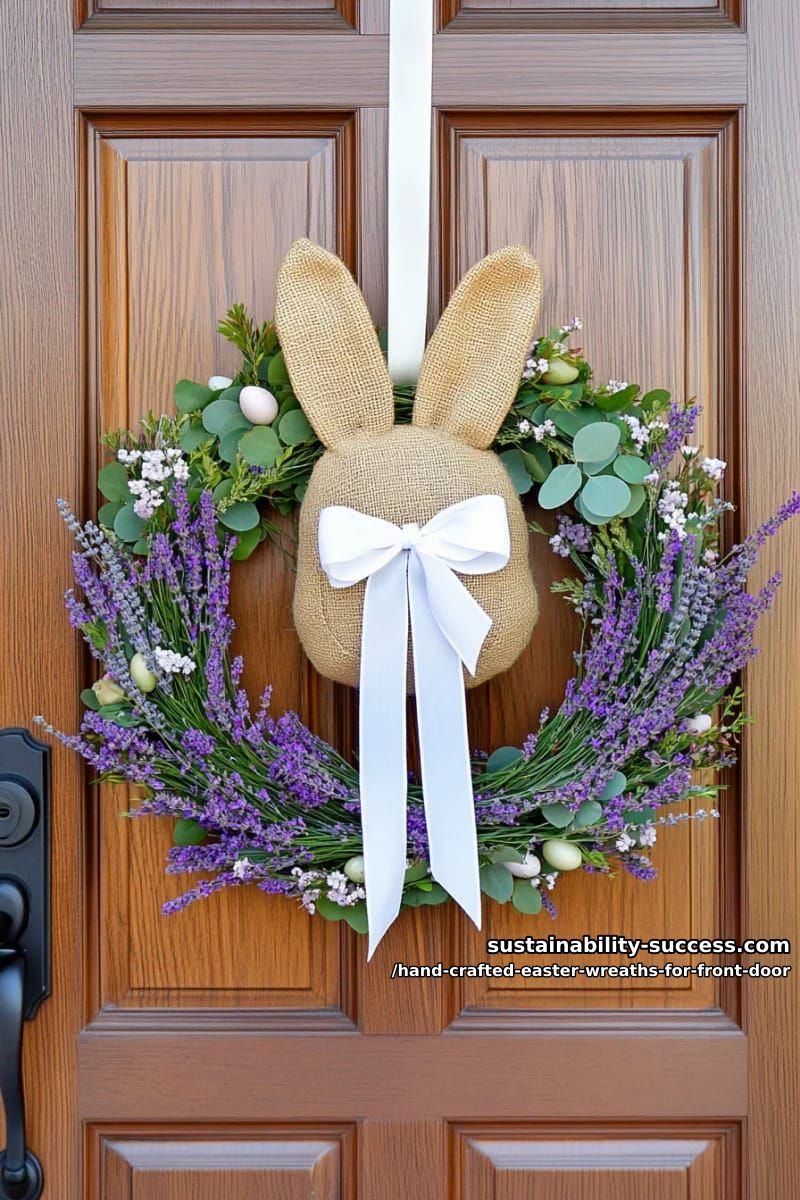 lavender and eucalyptus wreath with a burlap bunny door hanger 1