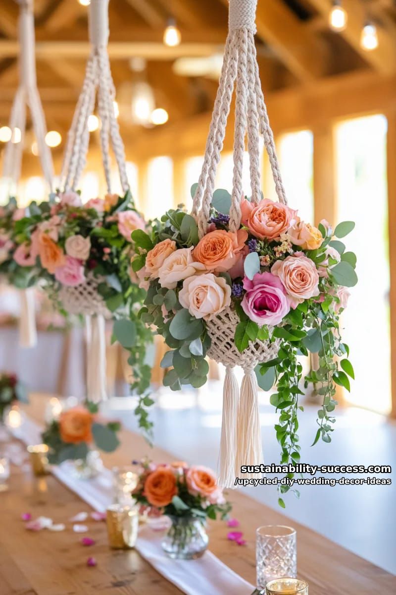 macrame plant hangers upcycled as dreamy suspended floral installations 1