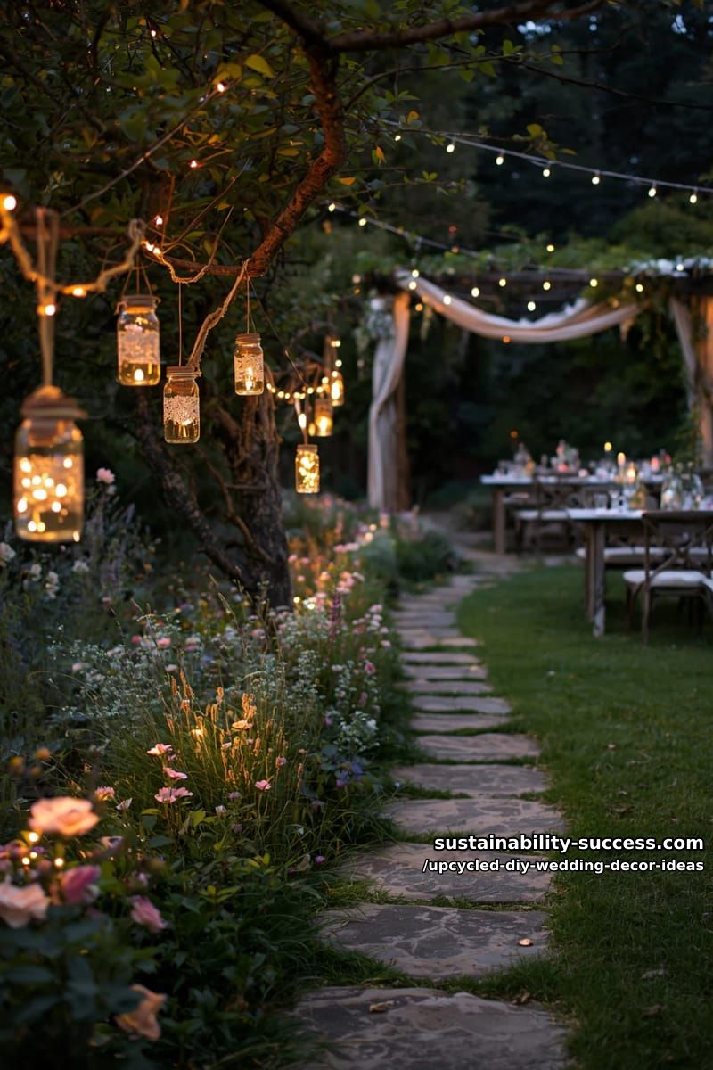 mason jar lanterns strung with fairy lights for magical evening pathways 1