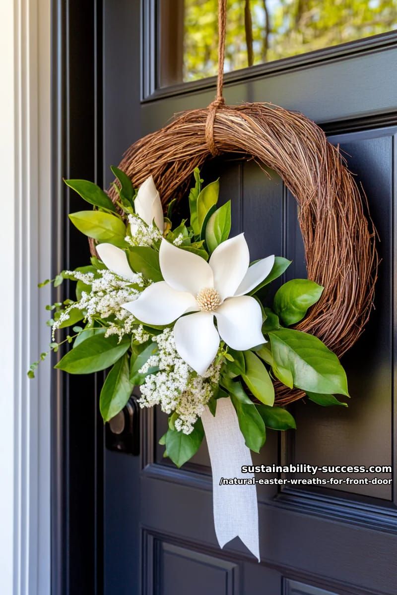 minimalist wreath of twisted willow with a single large magnolia bloom 1