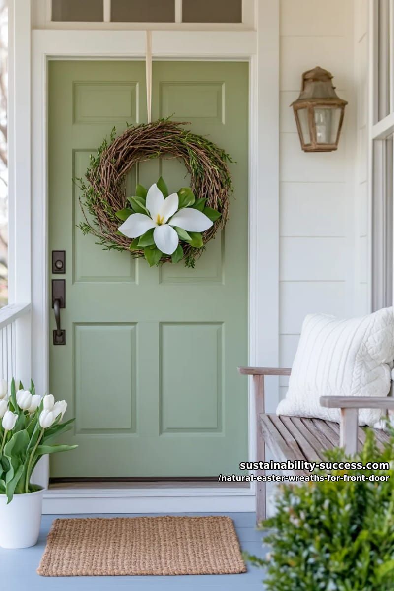 minimalist wreath of twisted willow with a single large magnolia bloom 1