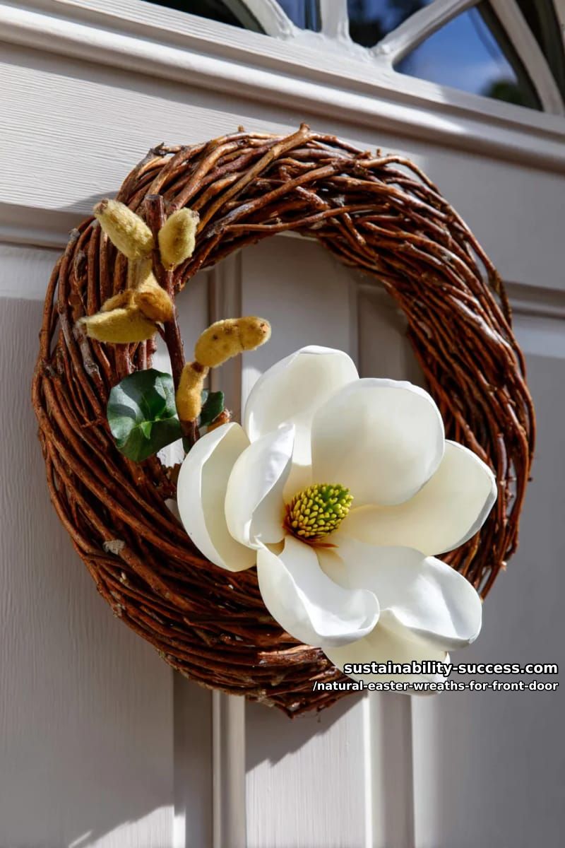 minimalist wreath of twisted willow with a single large magnolia bloom 1