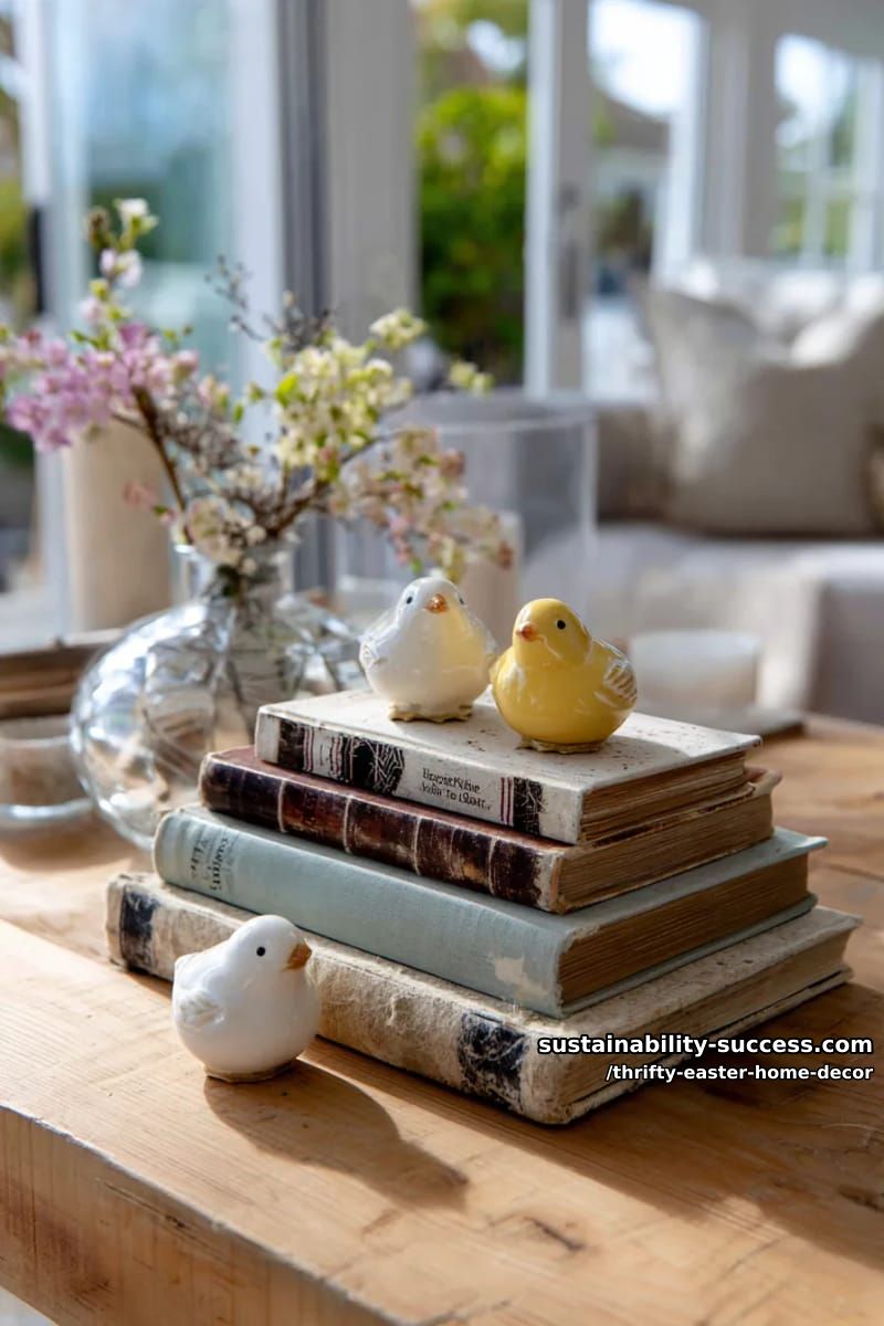 mix vintage books and ceramic chicks for a charming coffee table vignette 1