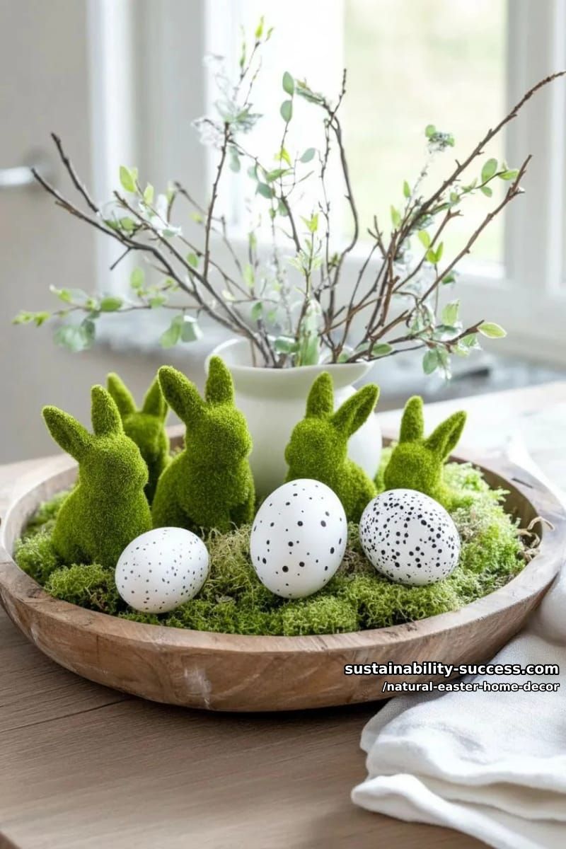 moss-covered bunny figures nestled among eggs and twigs on a wooden tray 1