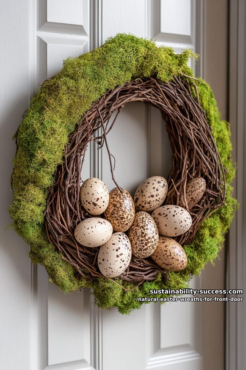 moss-covered ring with natural quail eggs and woven grapevine nest 1