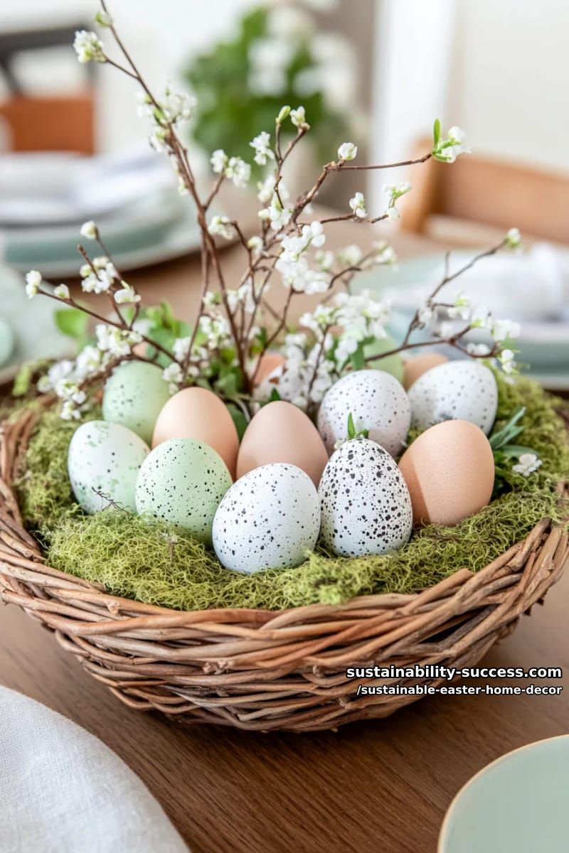 moss-lined basket centerpiece with pastel eggs and foraged twigs 1