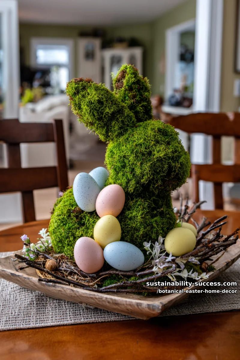 moss-lined easter bunny topiary with pastel egg accents for a whimsical centerpiece 1