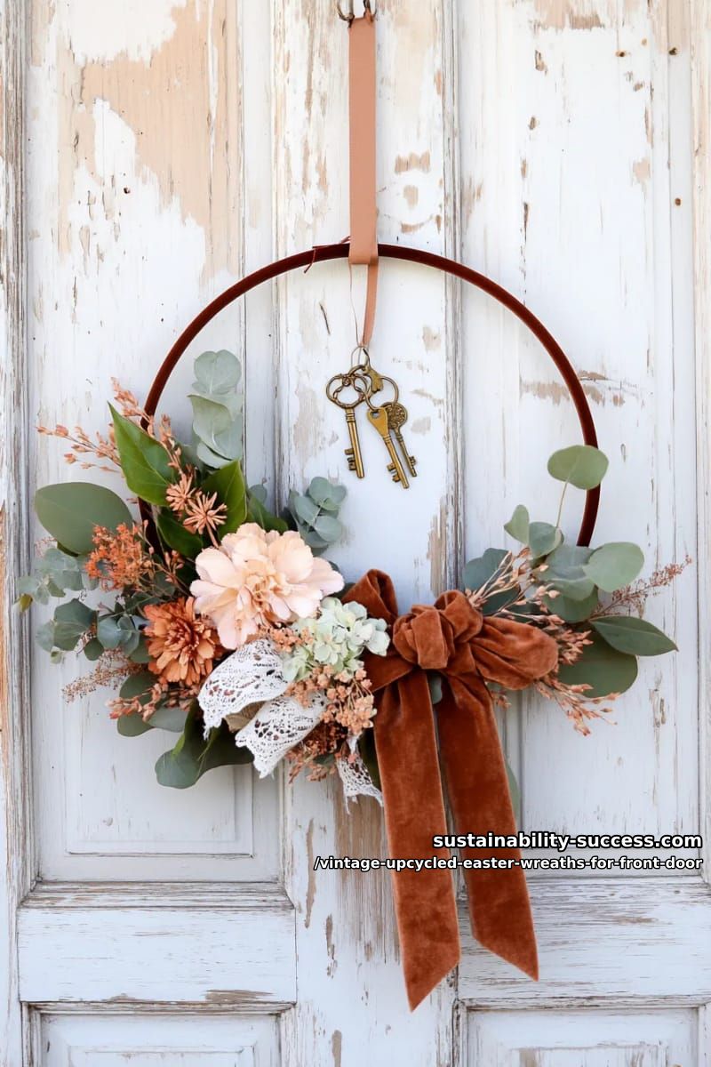 muted velvet ribbon and twine wrapped hoop with antique keys 1