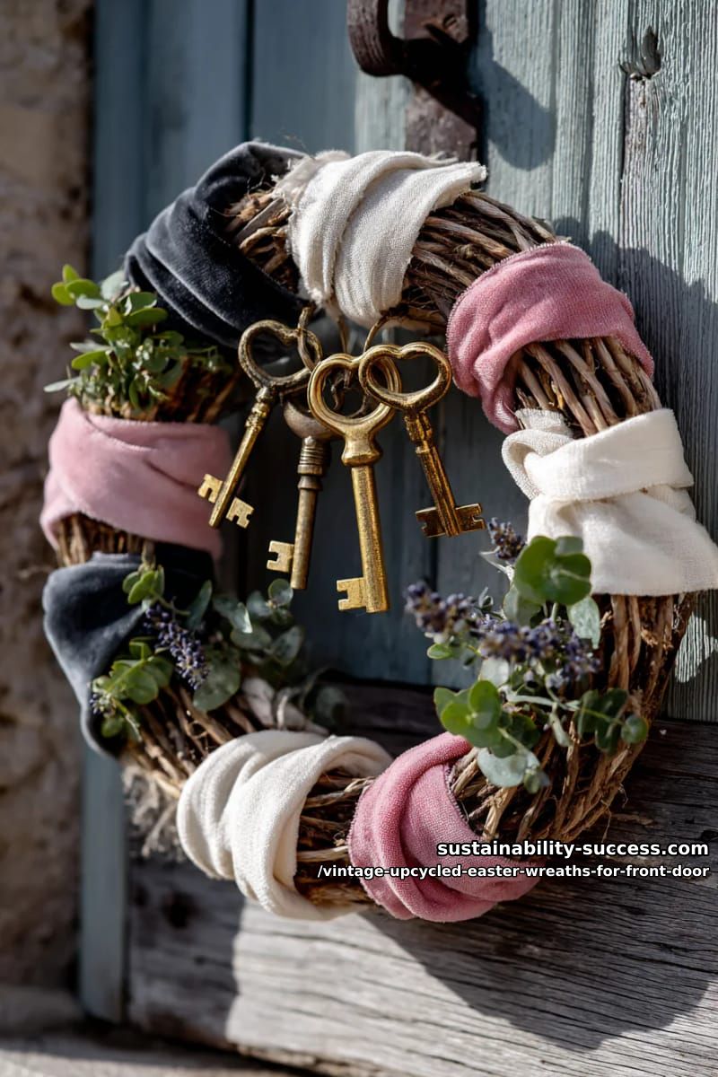 muted velvet ribbon and twine wrapped hoop with antique keys 1