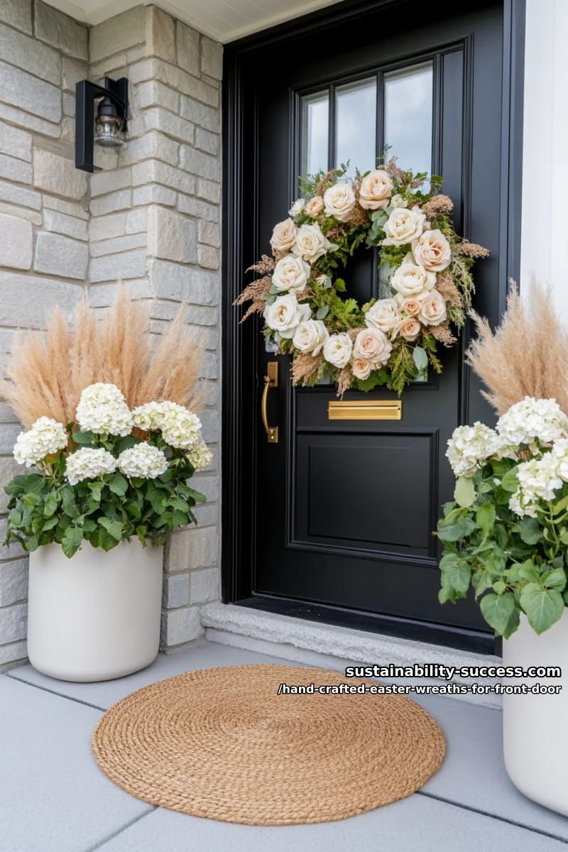 neutral pampas grass and cream rose wreath for elegant spring entryway 1