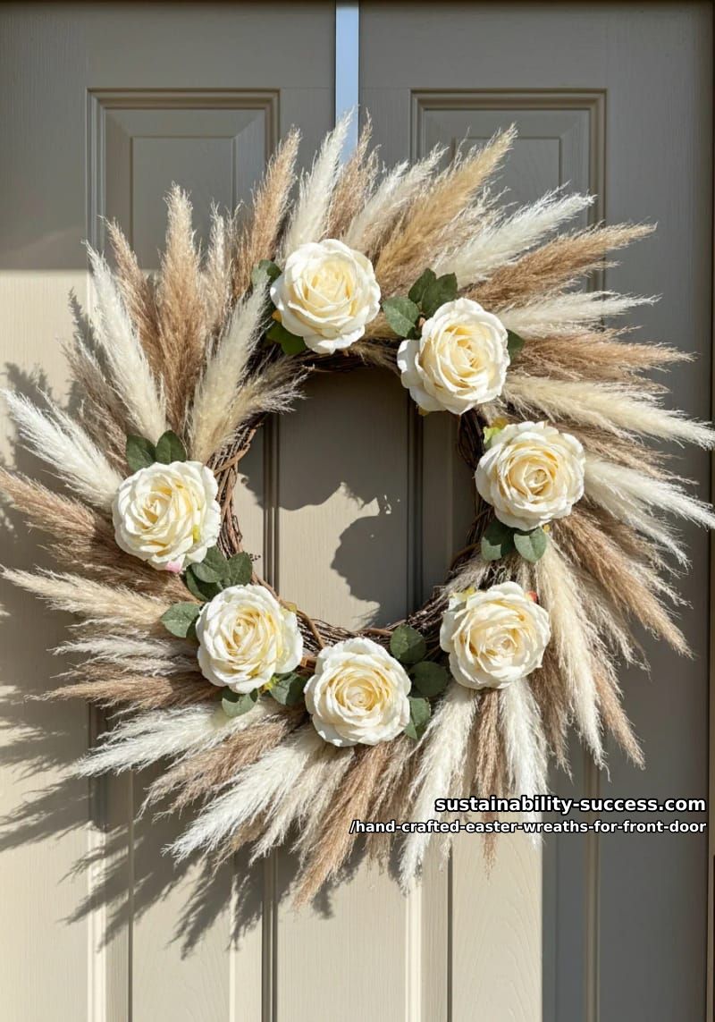 neutral pampas grass and cream rose wreath for elegant spring entryway 1