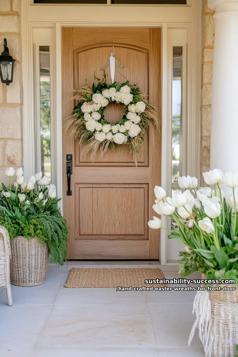neutral pampas grass and cream rose wreath for elegant spring entryway 1