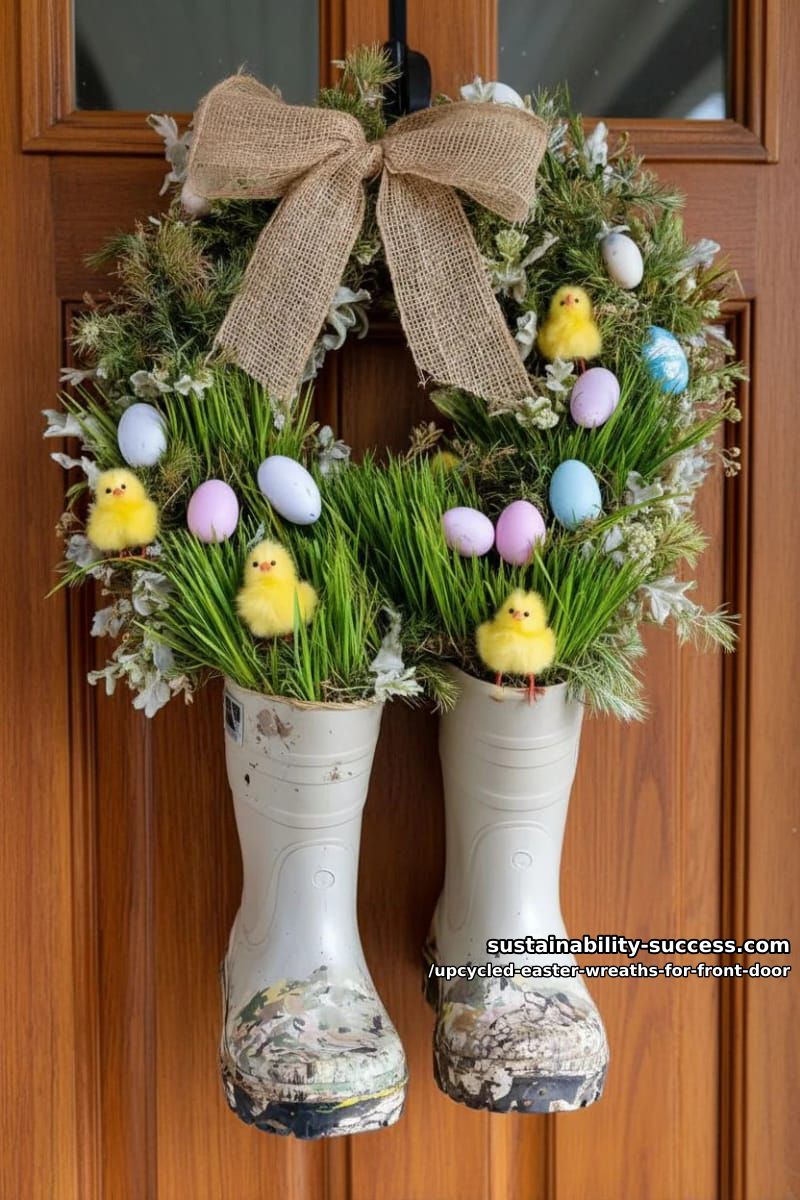 old rain boot halves filled with faux grass, chicks, and mini eggs 1