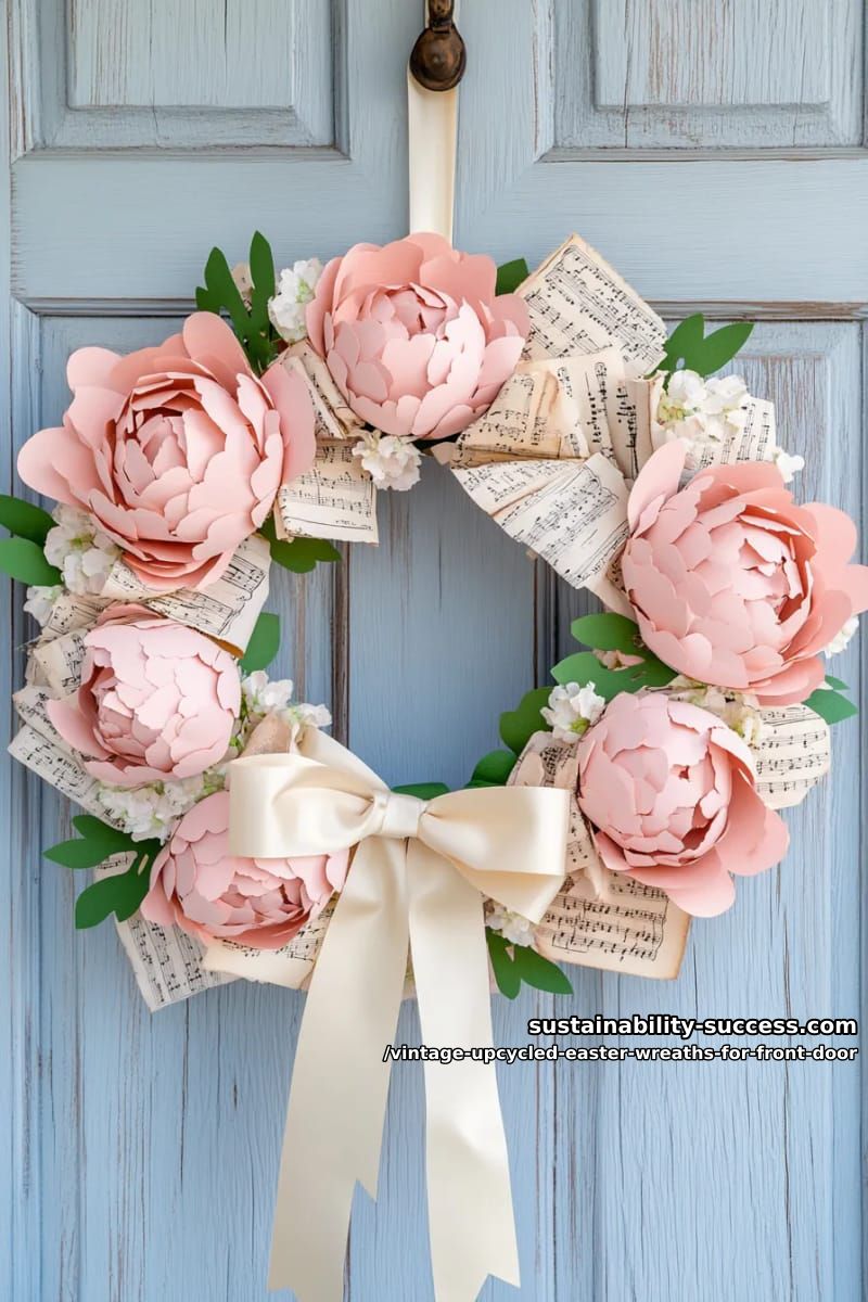 old sheet music and pale pink peony paper flower wreath 1