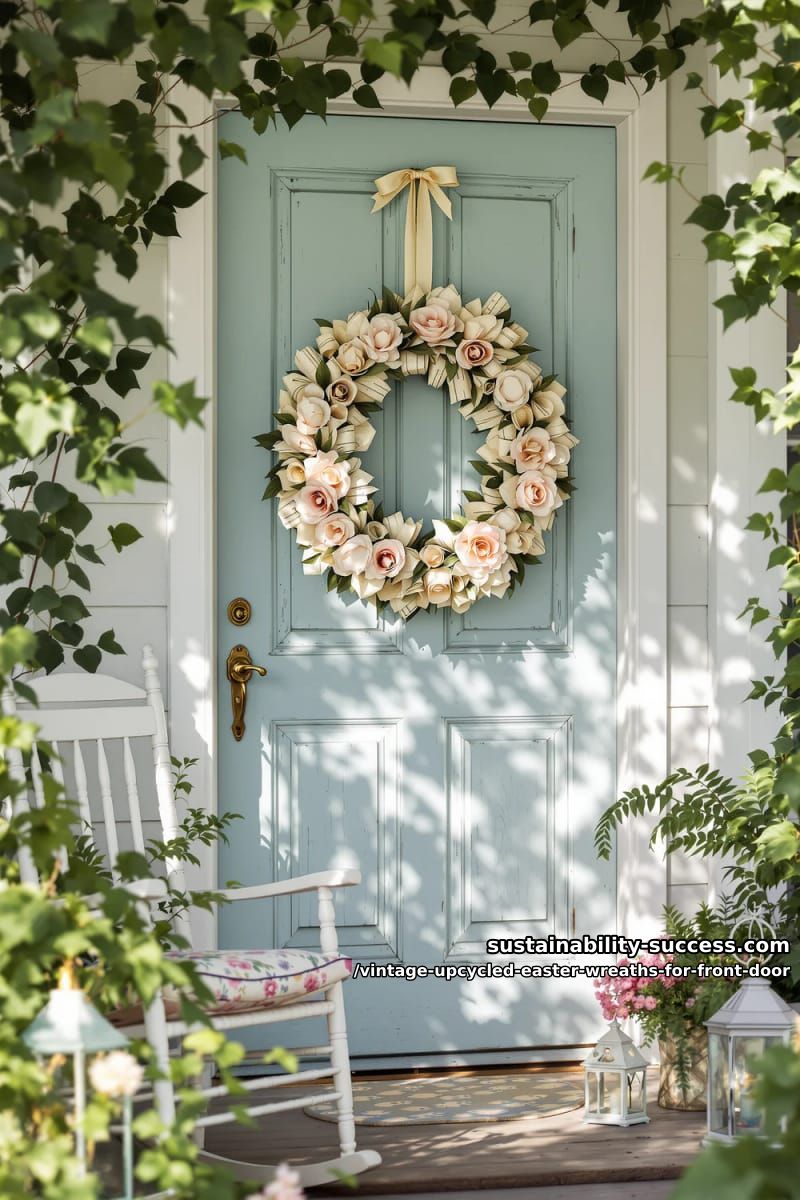 old sheet music and pale pink peony paper flower wreath 1