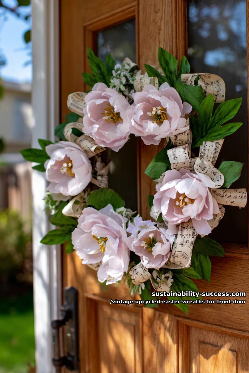 old sheet music and pale pink peony paper flower wreath 1
