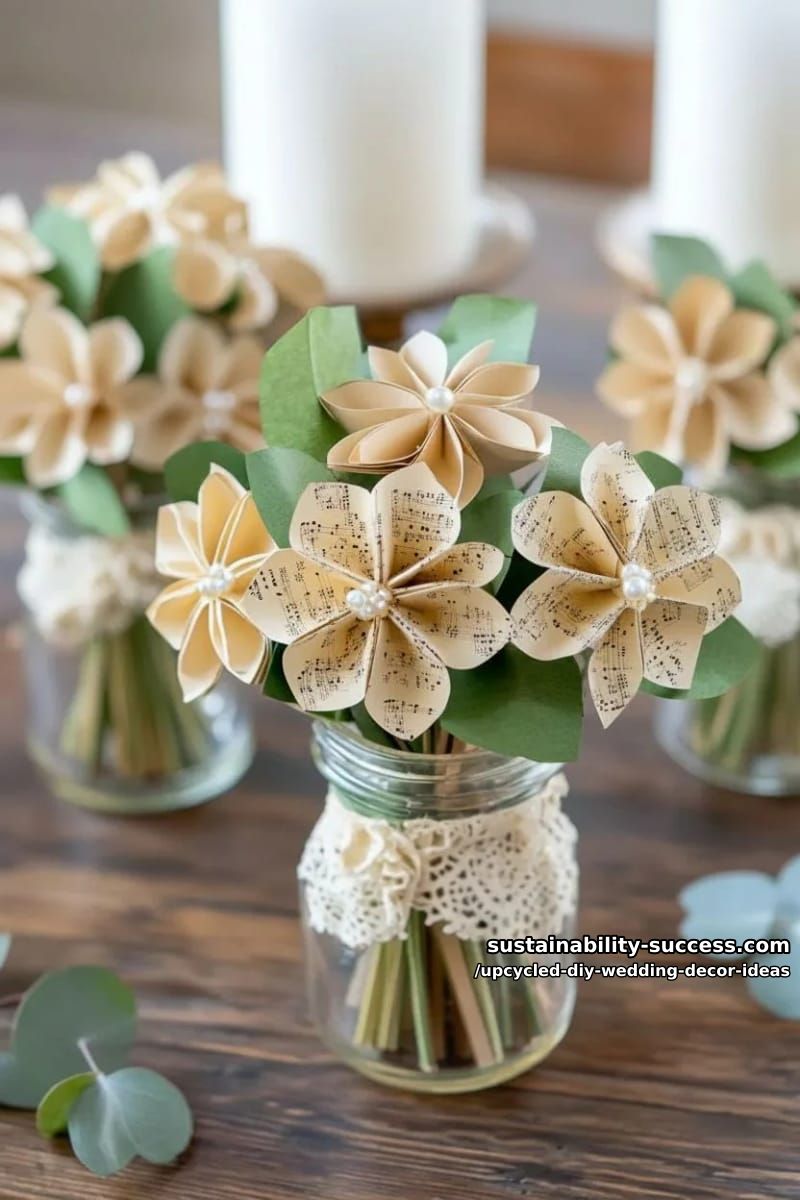 old sheet music folded into paper flower bouquets for music lovers 1