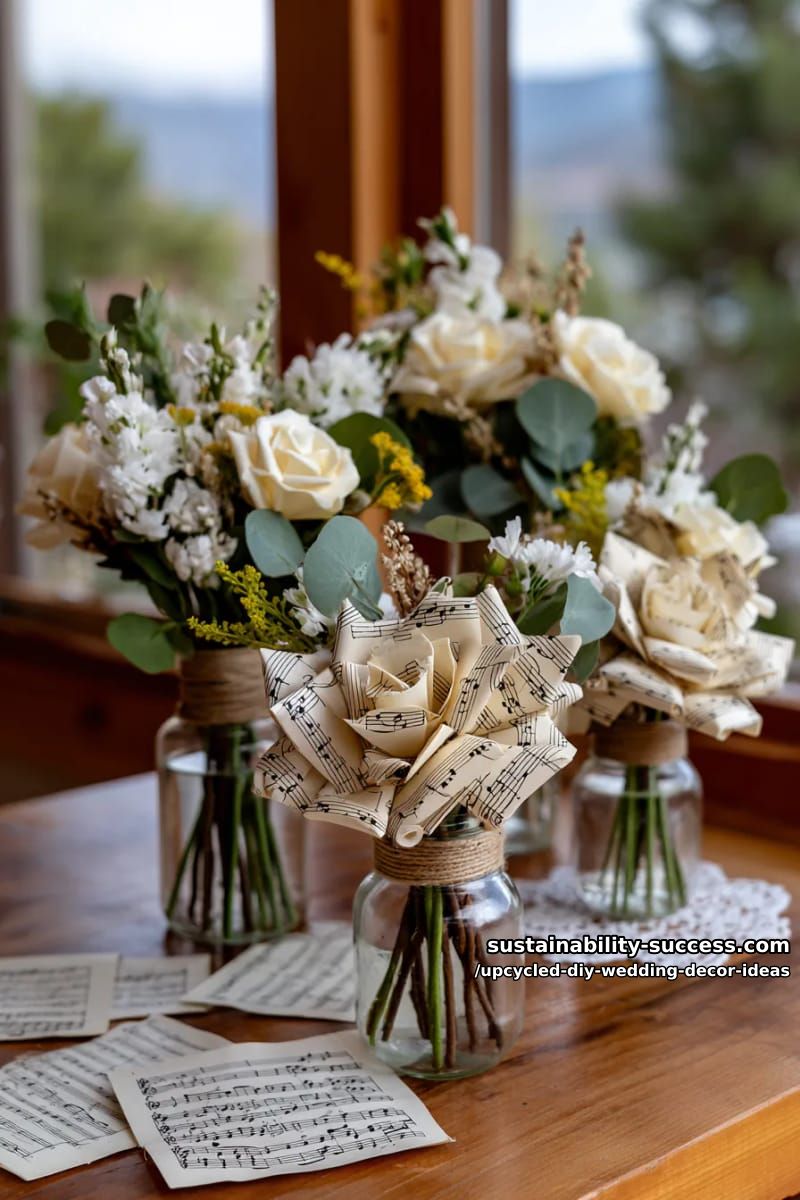 old sheet music folded into paper flower bouquets for music lovers 1