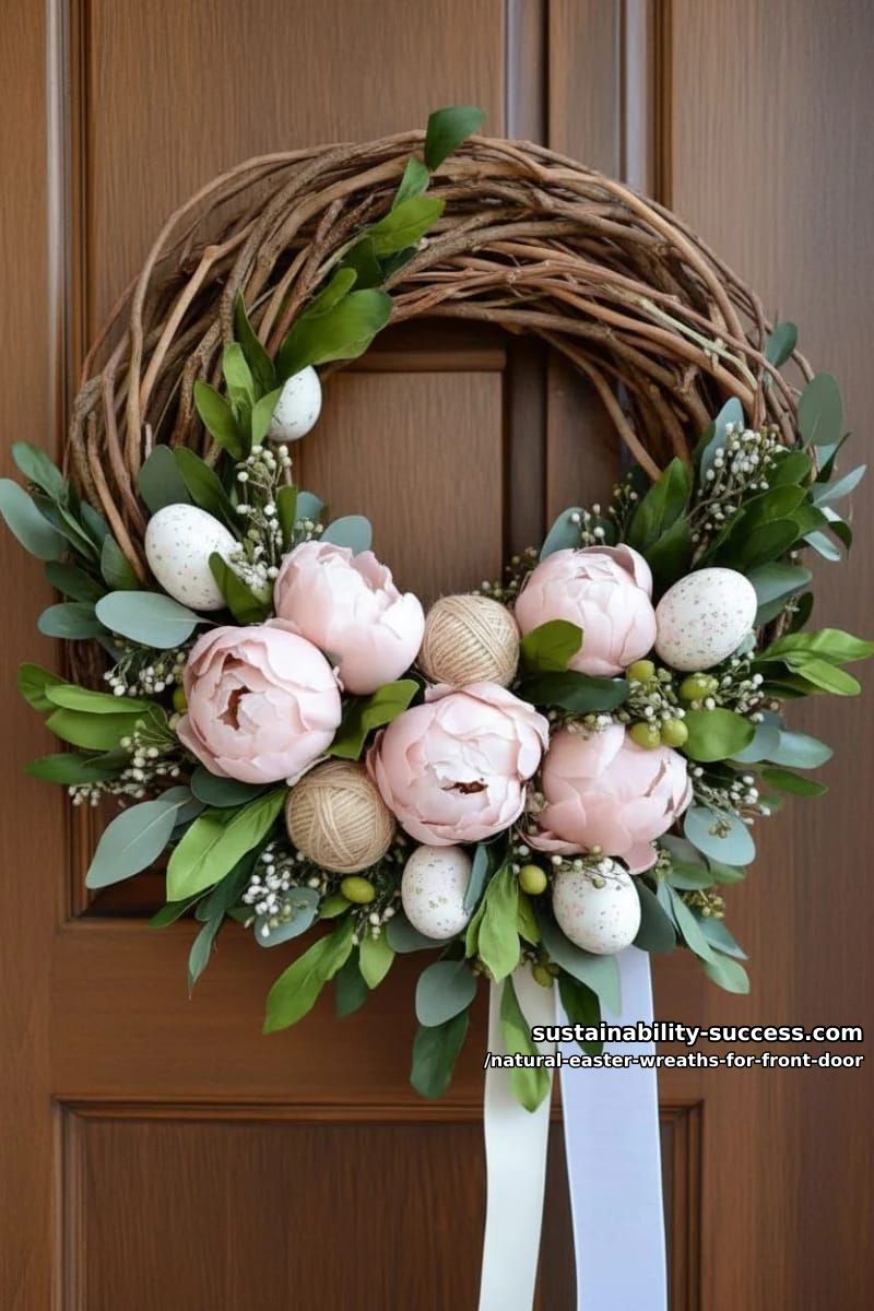 olive branch base with blush peonies and jute-wrapped easter egg ornaments 1