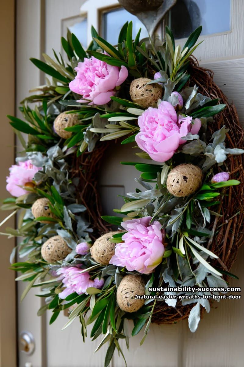 olive branch base with blush peonies and jute-wrapped easter egg ornaments 1