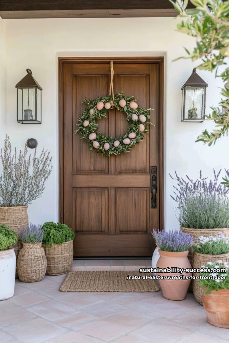 olive branch base with blush peonies and jute-wrapped easter egg ornaments 1