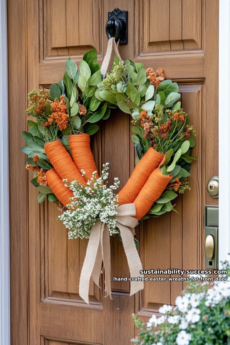 oversized carrot-shaped wreath with orange and green dried florals 28