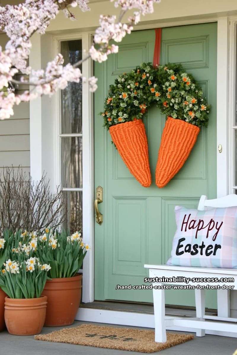 oversized carrot-shaped wreath with orange and green dried florals 1