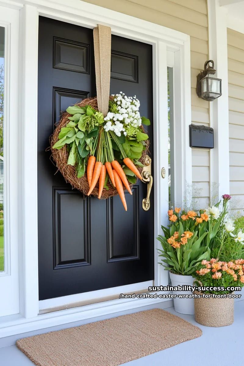 oversized carrot-shaped wreath with orange and green dried florals 1
