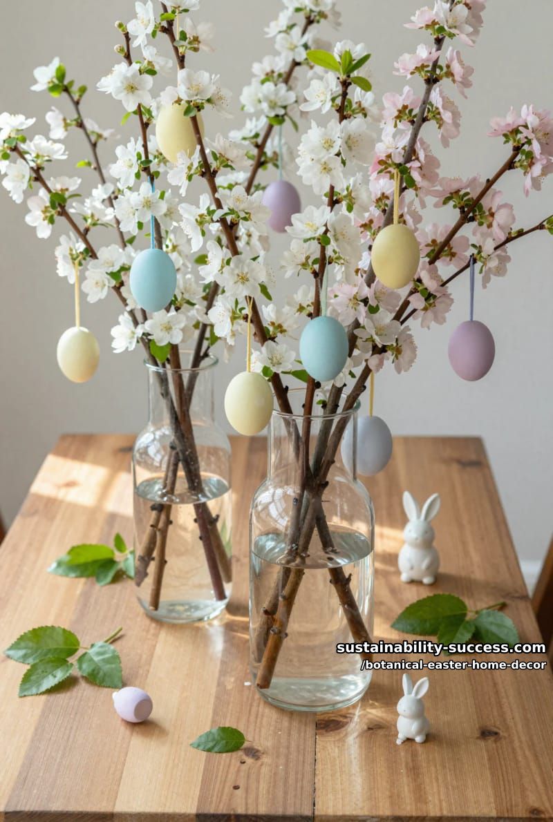 oversized glass vases with flowering branches and hanging paper egg ornaments 1