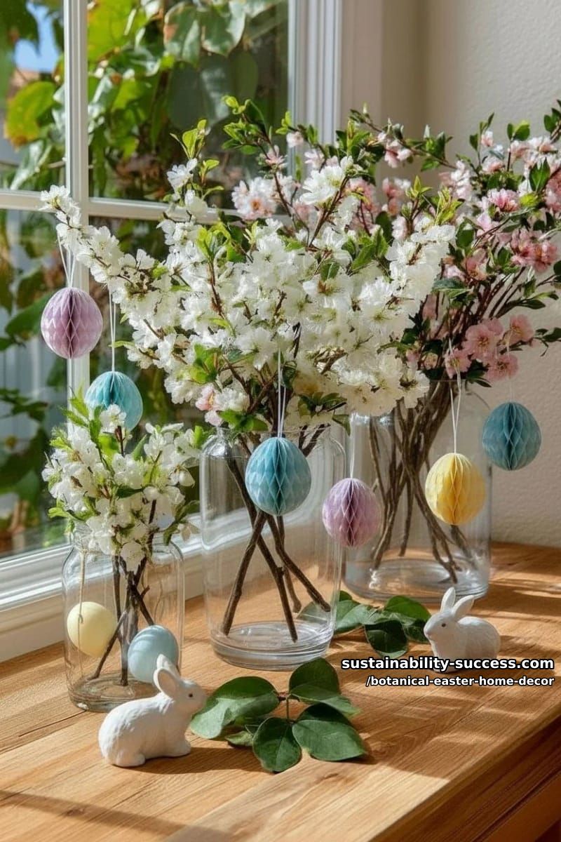 oversized glass vases with flowering branches and hanging paper egg ornaments 1