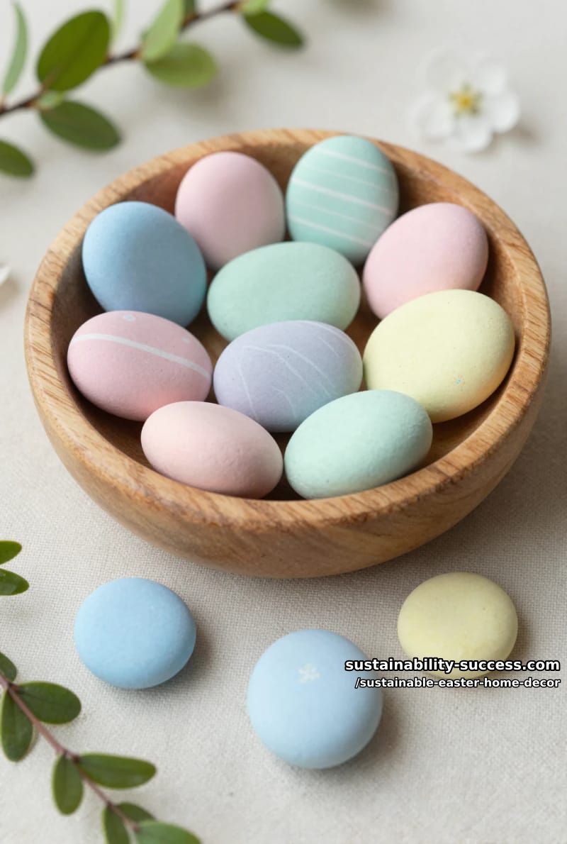 painted stone eggs arranged in a wooden bowl centerpiece 1