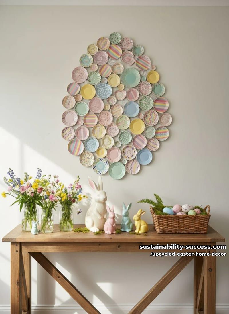 painted thrift store plates arranged as a giant easter egg on the wall 1