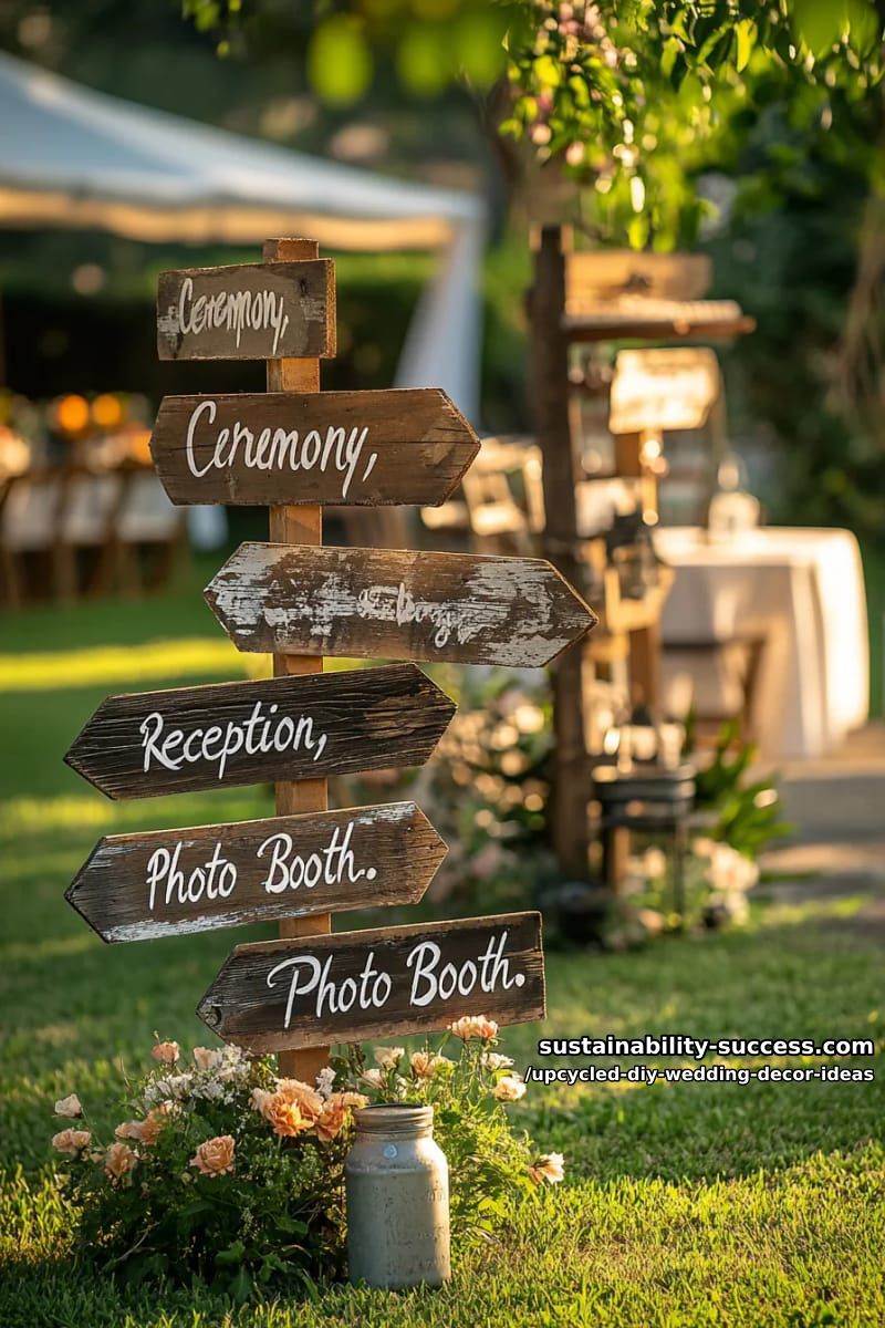 pallet wood signs with hand-painted quotes guiding wedding guests 1