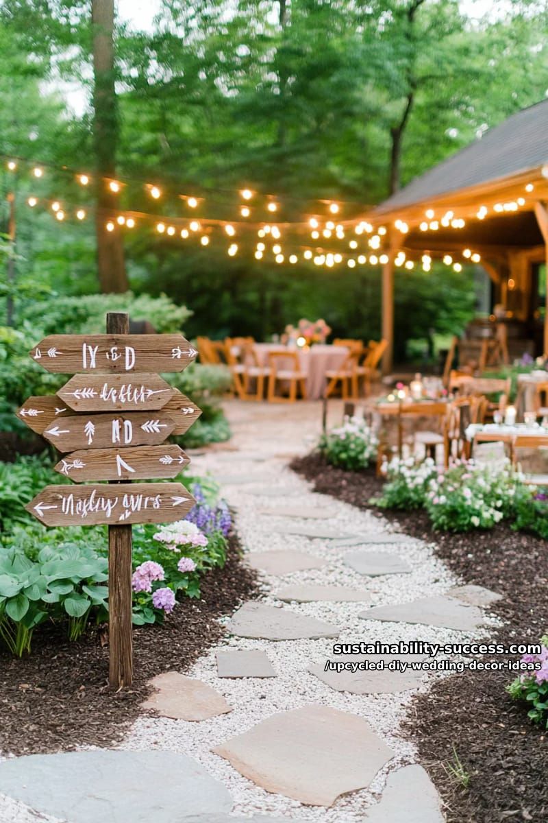 pallet wood signs with hand-painted quotes guiding wedding guests 1