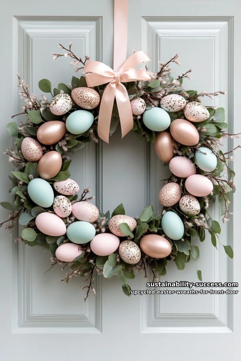 plastic egg wreath painted with metallic pastels and faux greenery 1