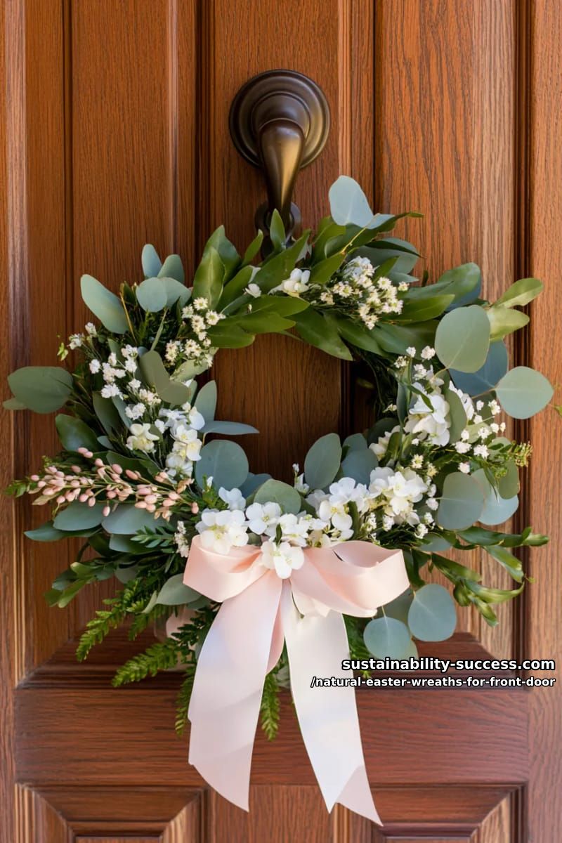 pussy willow wreath interspersed with fresh greenery and pastel ribbon streamers 1