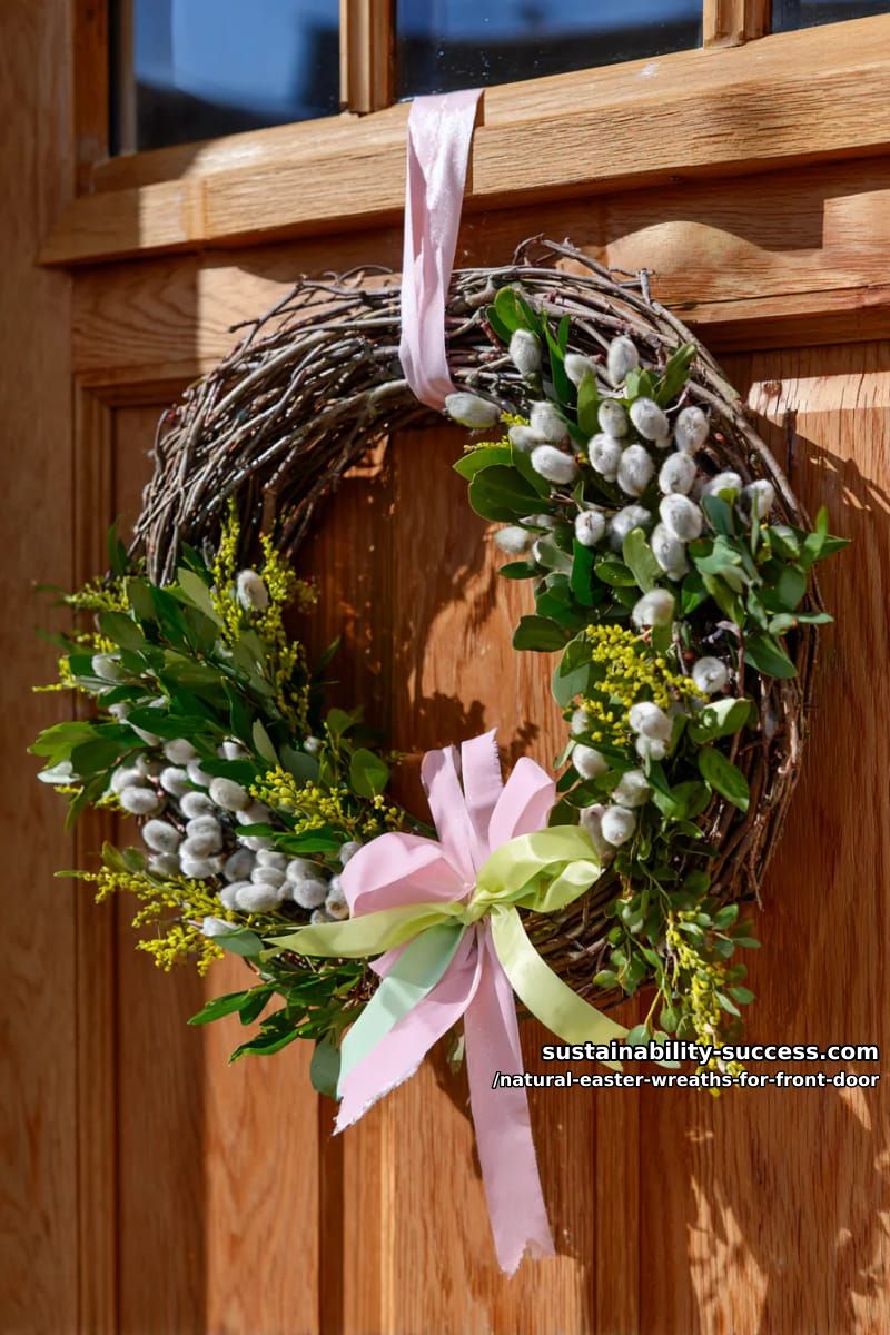 pussy willow wreath interspersed with fresh greenery and pastel ribbon streamers 1