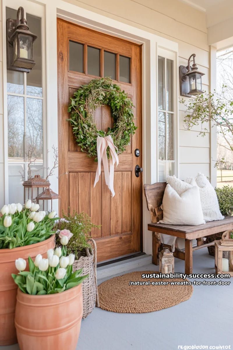 pussy willow wreath interspersed with fresh greenery and pastel ribbon streamers 1
