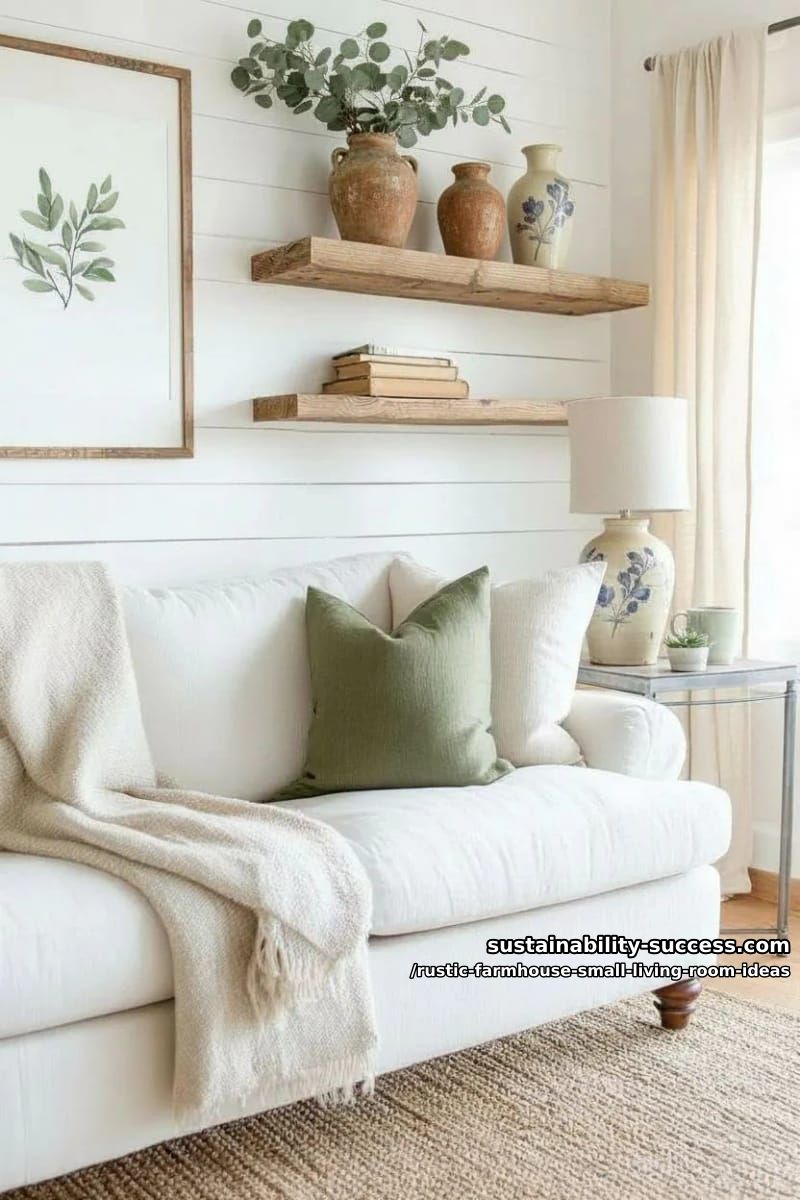 reclaimed wood floating shelves above weathered linen slipcovered sofa 1
